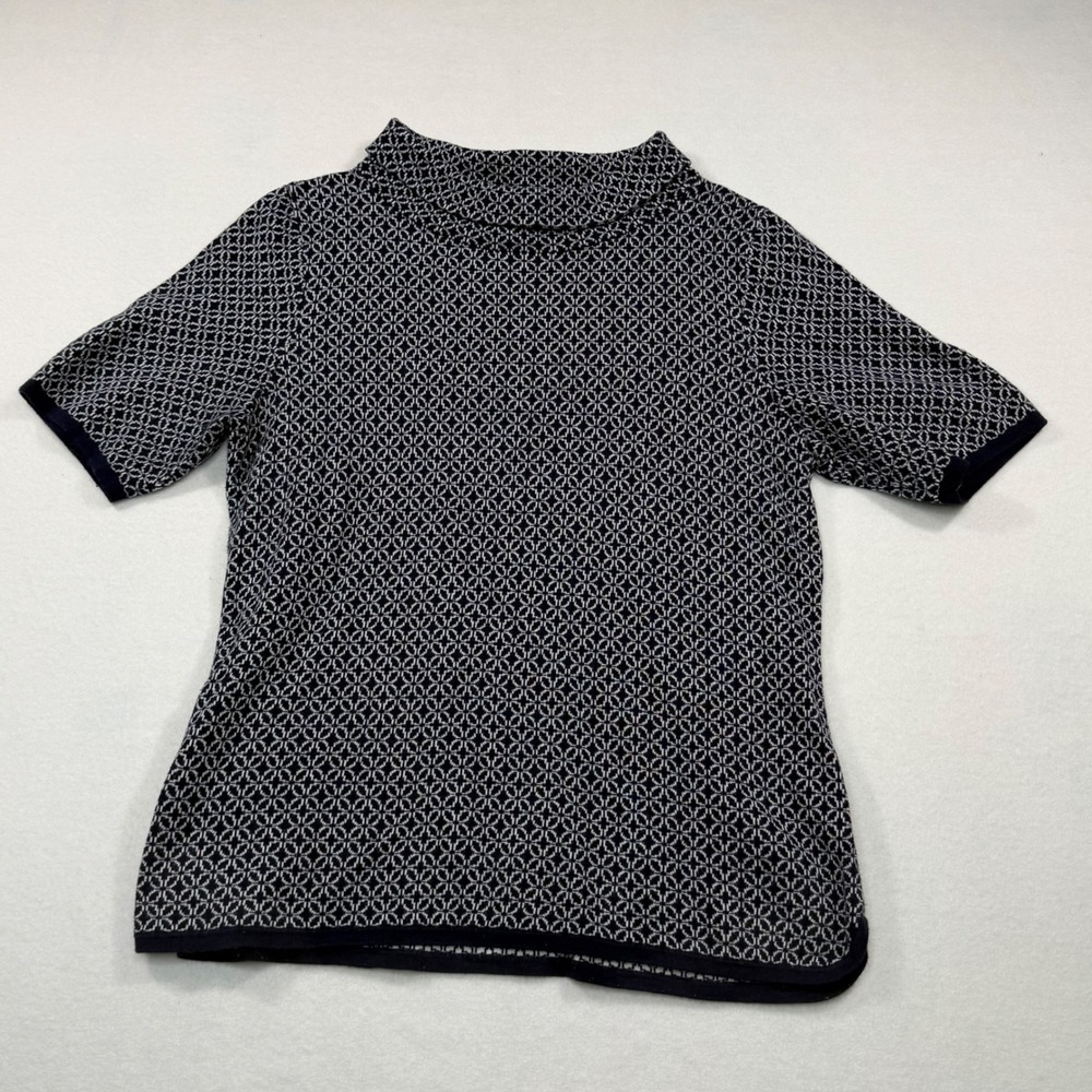 Talbots Womens Medium Navy Blue White Geometric Mock Neck Short Sleeve Sweater